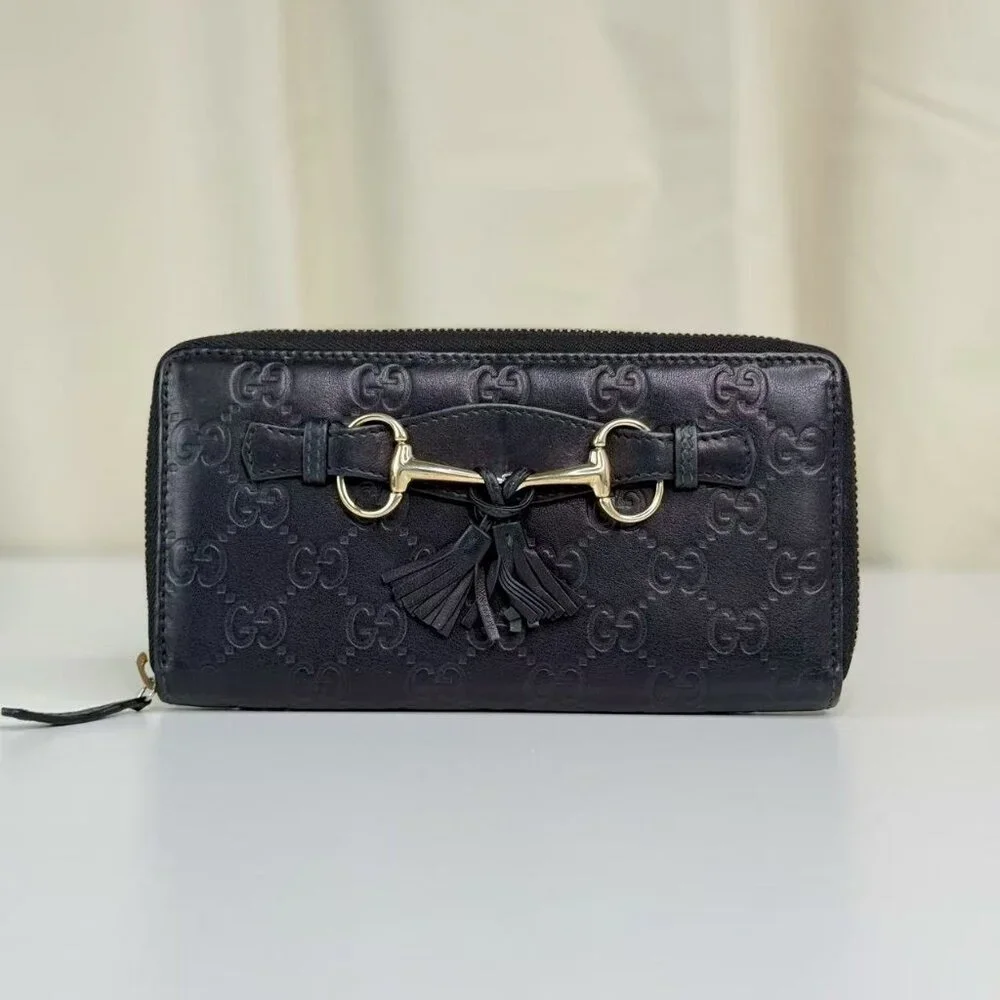 Gucci GG Logo Printed Leather Wallet Navy Blue with Gold Tone Hardware